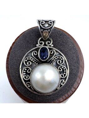 Sterling Silver 925 Mobe Pearl & Blue Gemstone Circle Pendant Size 1.5" Length